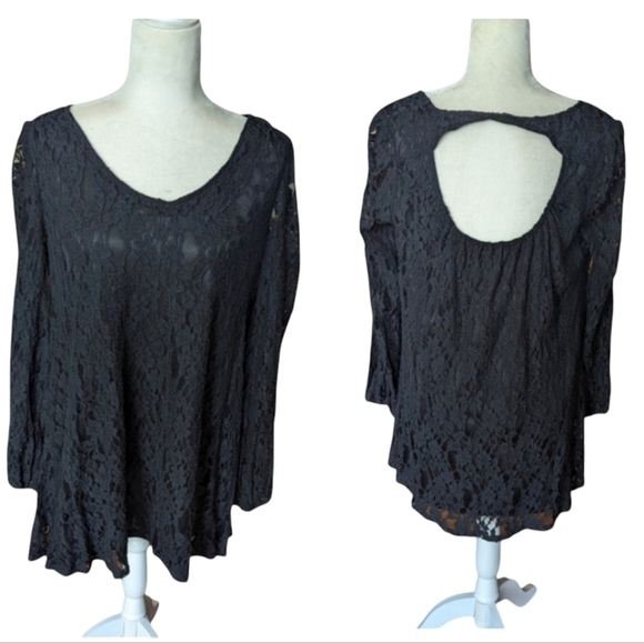 Catch me black stretch comfy lace witchy baby doll dress/ tunic open back sz L - Picture 1 of 9